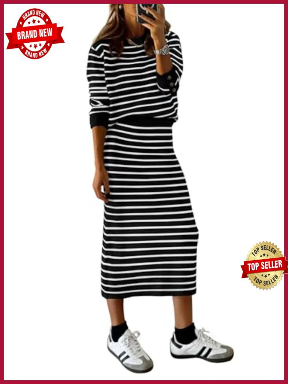 Women's Striped Knit Sweater and Midi Skirt Set Two Piece Outfit